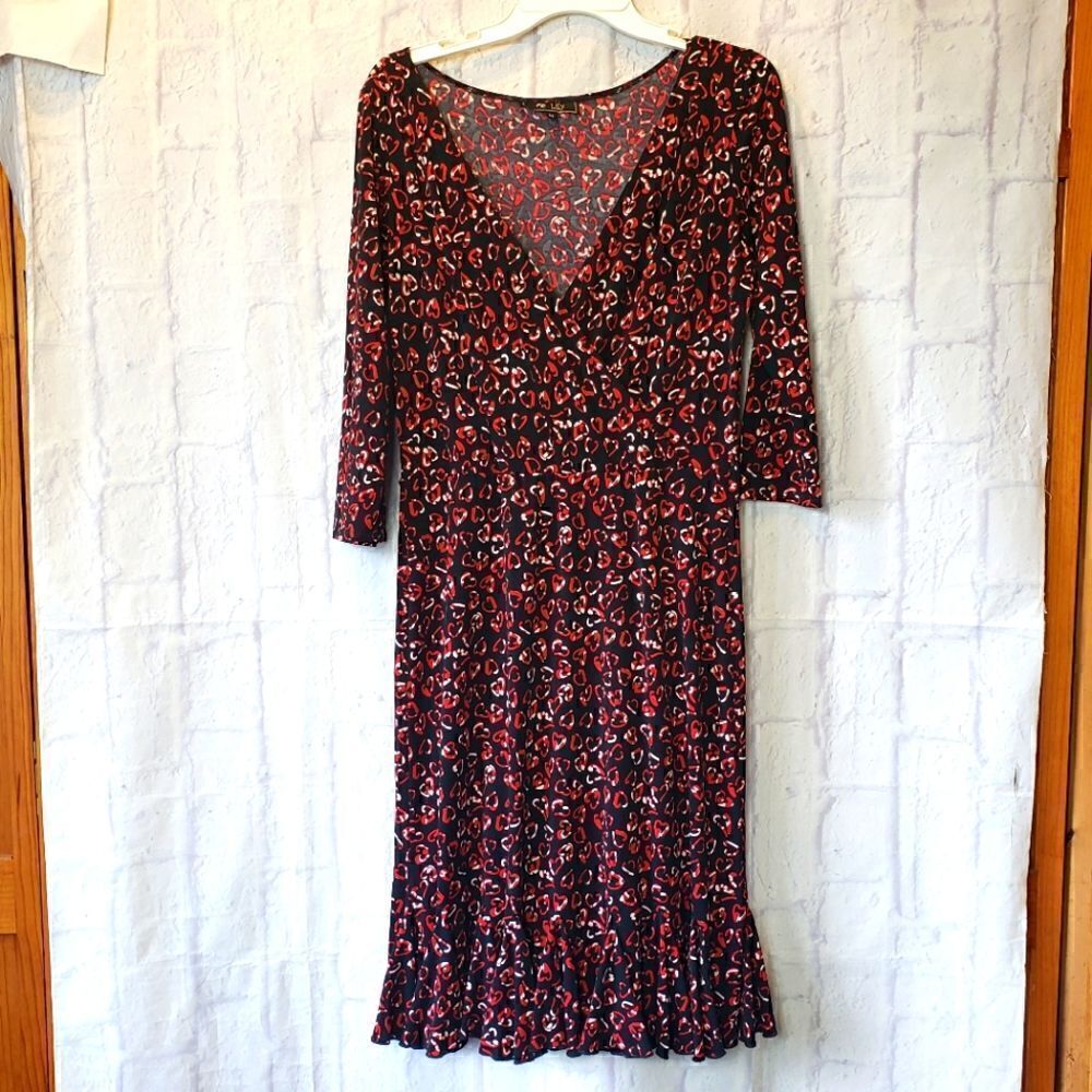 LILY Hearts Print Faux Wrap Midi Dress Hearts Medium Jersey Knit